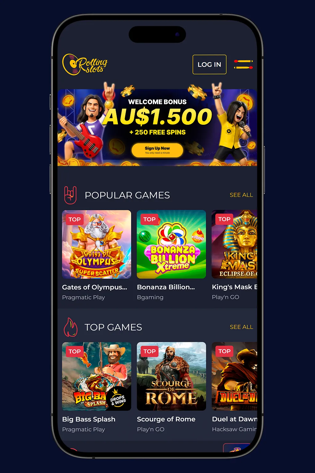 Rolling Slots mobile casino app on smartphone